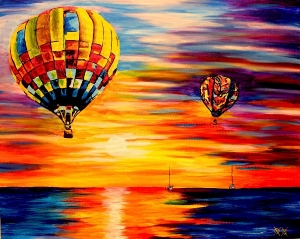 Hot air balloons in a beautiful painting with a sunset over a body of water