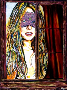A woman with a purple mardi gras mask on. She has many different colors in her hair and is by a window. There are raised lines. 